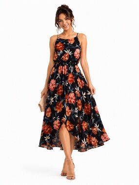 Black Floral High-Low Spaghetti Strap Dress with Orange Blooms